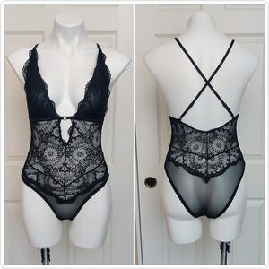 La Vie en Rose sheer black mesh lace bodysuit teddy sz S